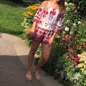 Off the shoulder white and red romper